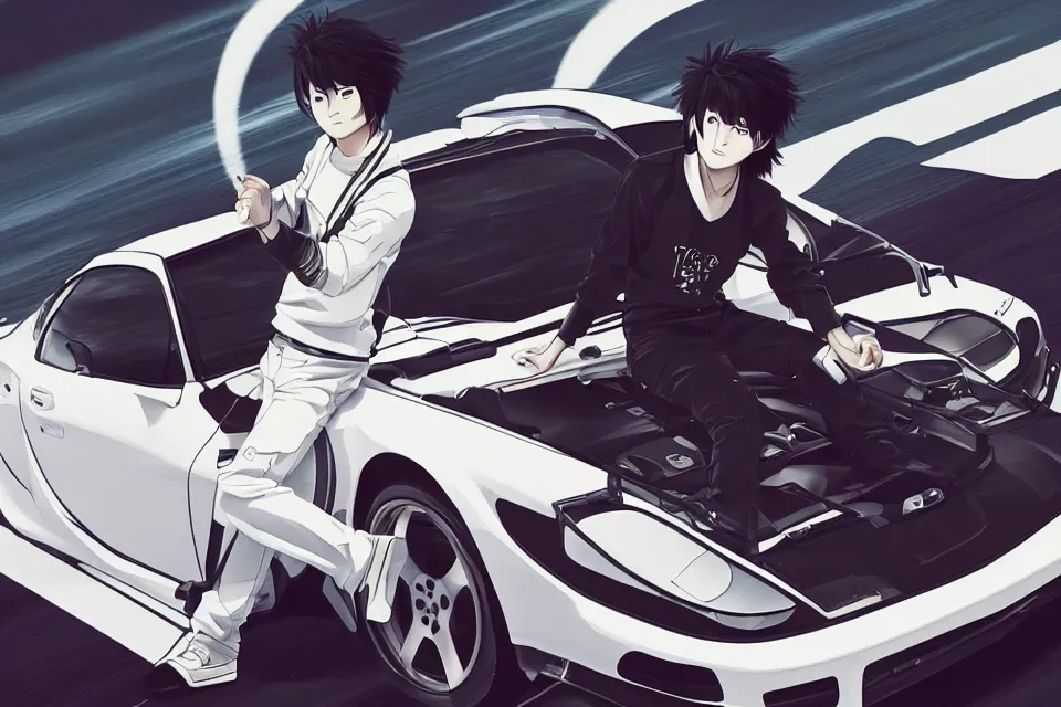 Image similar to aesthetic detailed illustration of ryosuke takahashi with black hair and white pants, standing by his white glossy mazda rx 7 on an empty highway at sunrise, cinematic lighting, initial d anime 1 0 8 0 p, detailed anime face, high detail, 9 0 s anime aesthetic, volumetric lights, rule of thirds, unreal engine 5 render, pinterest wallpaper, trending on artstation