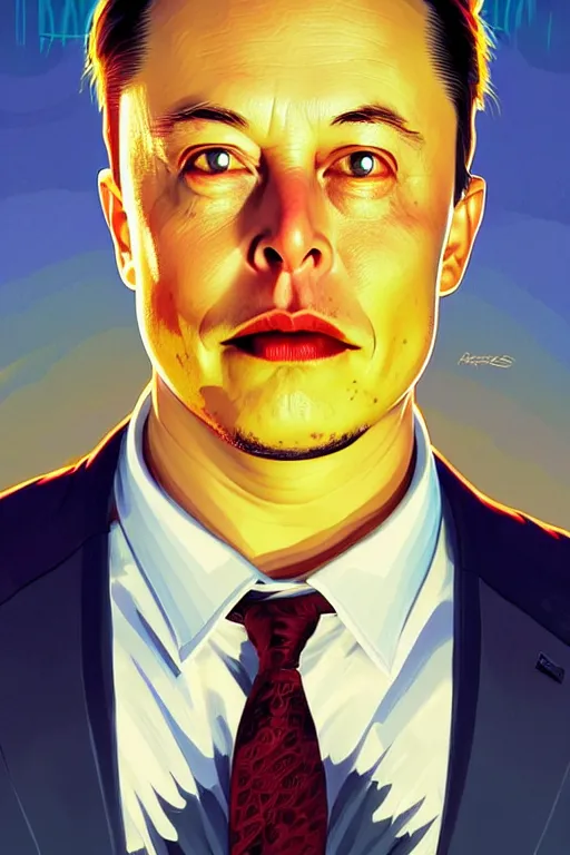 Image similar to elon musk as the simpsons character, portrait, symmetrical, highly detailed, digital painting, artstation, concept art, smooth, sharp focus, illustration, cinematic lighting, art by artgerm and greg rutkowski and alphonse mucha