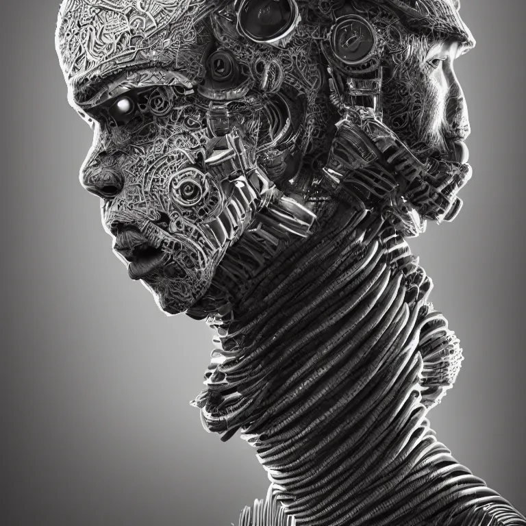 Prompt: surreal spinal ribbed tribal exotic organic face portrait of a cyberpunk fighter, beautiful detailed intricate insanely detailed 3D render digital art, octane render, 8K artistic photography, photorealistic, neon lights