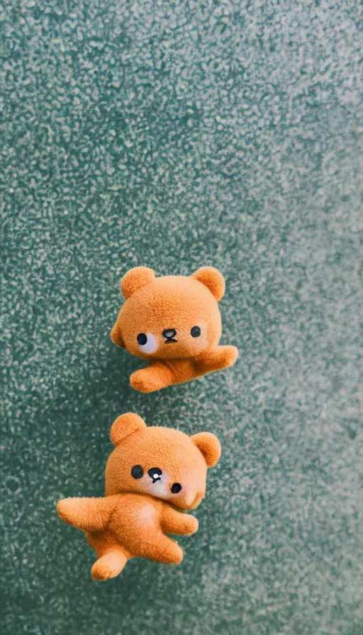 Prompt: 50mm f/2.3 wide shot photograph of two Rilakkuma plushies cuddling floating in midair after a long day, depth of field, dappled in evening light, like an Iwagumi Aquascape by Toshiko Mori, partially submerged hidden in the mist