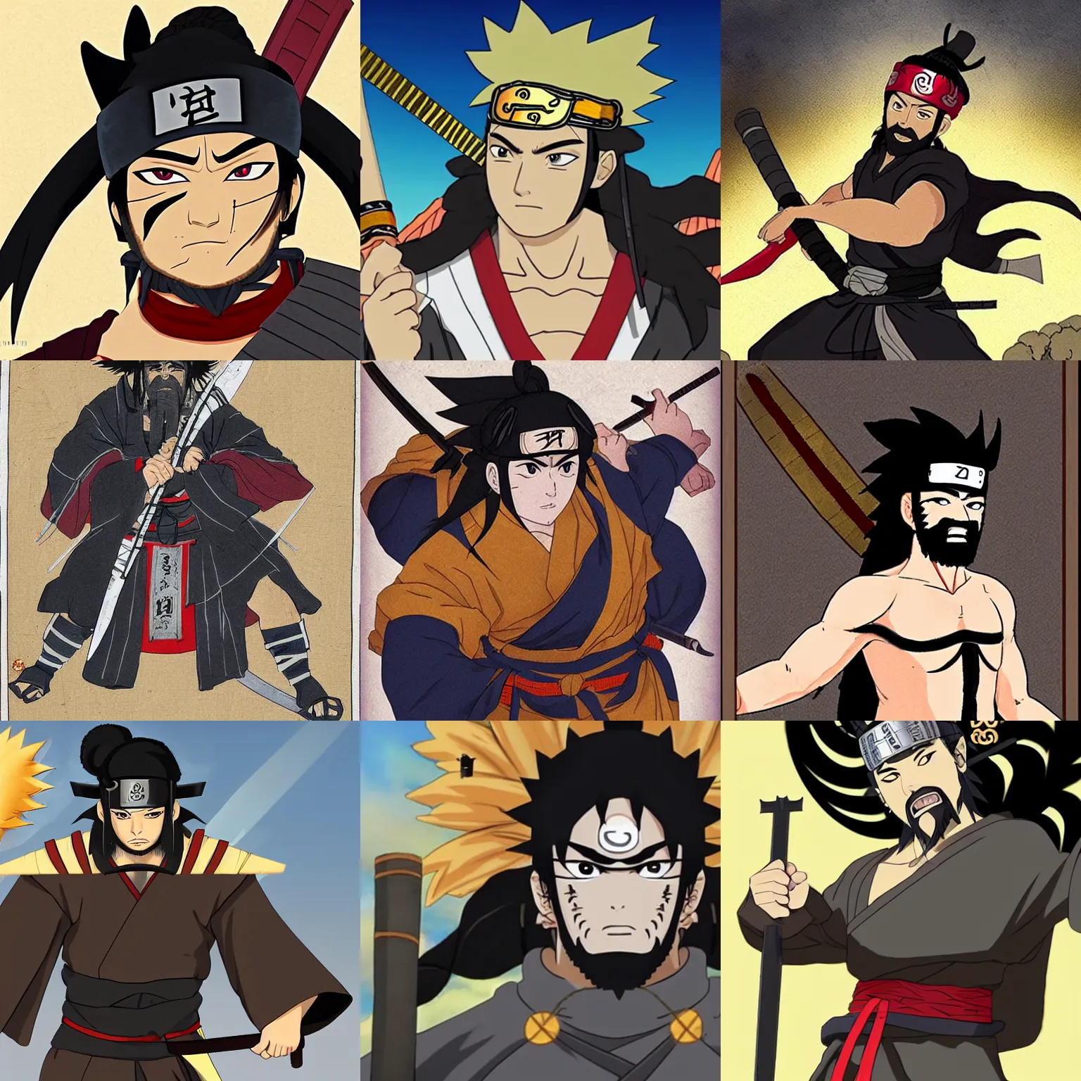 Prompt: the god of versatility depicted as a black-haired caucasian samurai with a small beard wearing a Naruto headband holding a katana