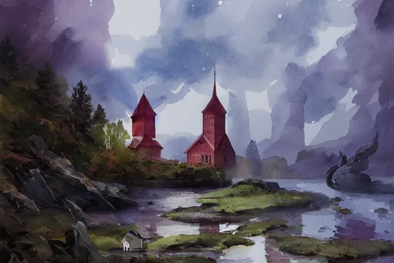 Prompt: small centered on watercolor paper, paint brush strokes, abstract watercolor painting of traditional scandinavian wooden church with tower, viking dragon decor, translucent leaves, cinematic light, national romanticism by hans dahl, by jesper ejsing, by anders zorn, by greg rutkowski, by greg manchess, by tyler edlin