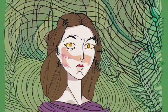 Image similar to the high priestess, animation cel, forest background, detailed, symmetrical face