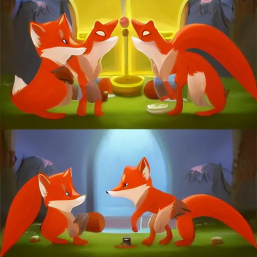 Prompt: foxes screaming at each other at opposite sides of a fancy room! dream foxes judging a cheese competition, furry, cute, disney style, artstation, detailed, award winning, dramatic lighting, cheese, fox, cheese competition, cheese contest, soft lighting