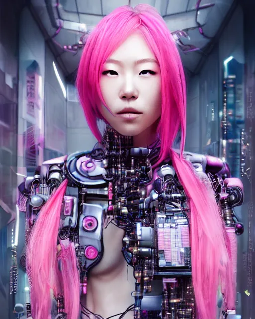 Image similar to portrait of a beautiful japanese woman with pink hair as a cyberpunk cyborg half robot, revealing wires and electronics, hooked - up, sci - fi, missing panels, intricate abstract upper body intricate artwork, concept art, octane render, deviantart, cinematic, key art, hyperrealism, iridescent accents, portrait photograph, nikon 3 5 mm, photograph by greg rutkowski