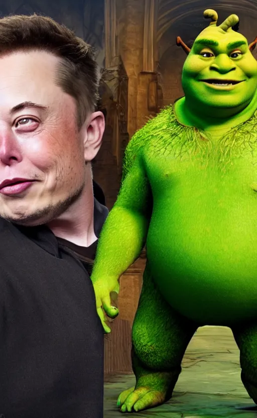 Image similar to elon musk mutates in shrek as a result of a bio - experiment, photorealistic, photo, realistic, 8 k, hdr, high quality, high resolution, detailed, 8 k quality, 8 k resolution