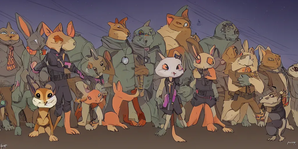 Prompt: mutant pet shop squad. zootopia anime furry. rabbit, puppy, hamster. iguana. rat ninjas on the urban neogeorgian rooftops at night. low angle. artstation, by tim jacobus.