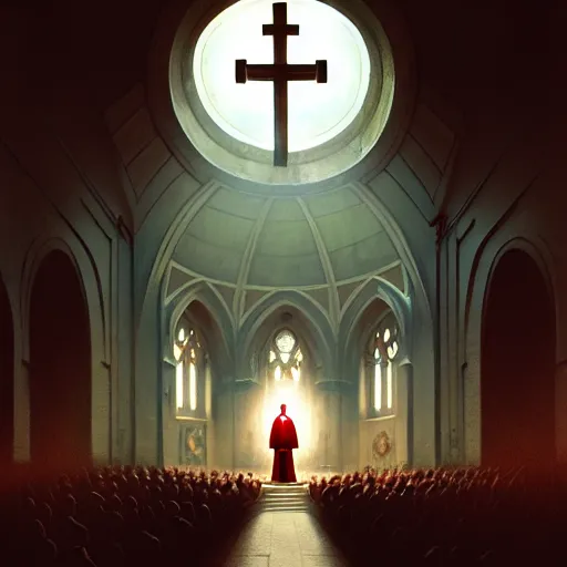 Image similar to pope standing in a curch, digital painting, greg rutkowski, artstation, cinematic, matte painting