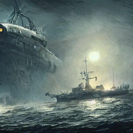 Prompt: war of the worlds ship at sea , highly detailed, illustration, fantasy art, in the style of greg rutkowski, epic, fantasy, intricate, hyper detailed, artstation, concept art, smooth, sharp focus, ray tracing