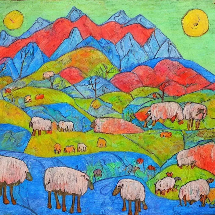 Prompt: a herd of sheep hopping over mountains of gigantic fruit, naivistic art, childrens drawing, outsider art, expressive, colorful