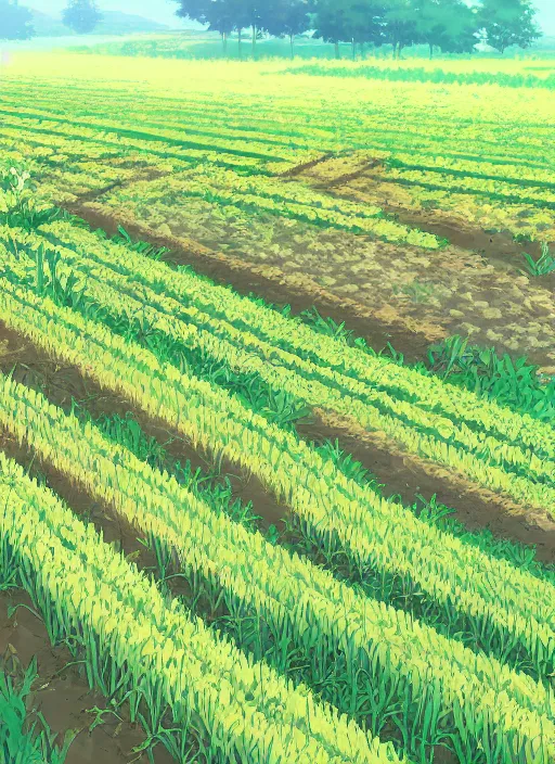 Image similar to beautiful farm with crops in neat rows by makoto shinkai