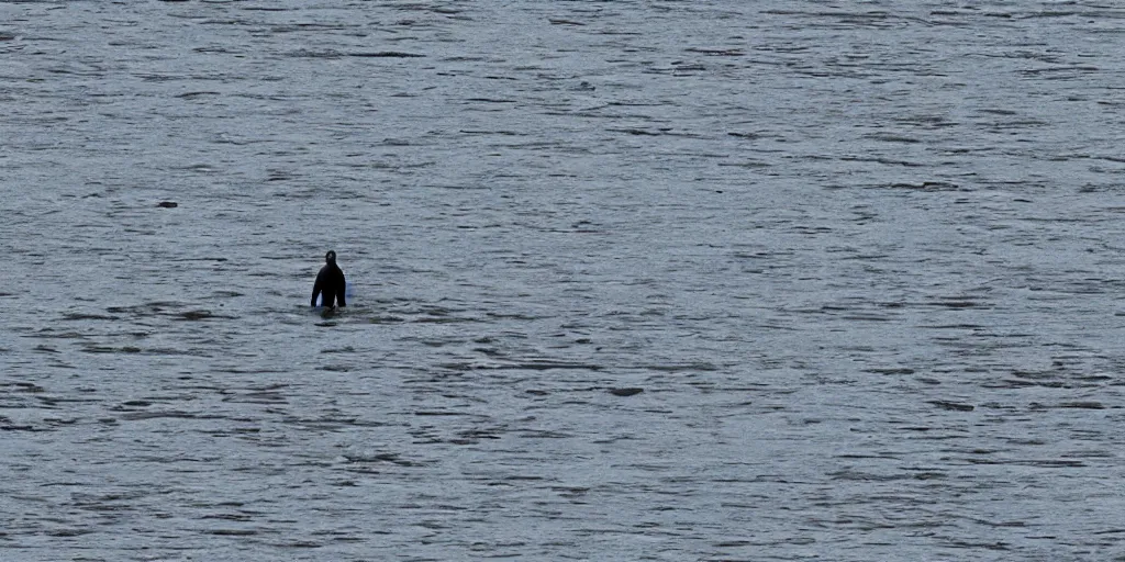 Prompt: Human sized cryptid in a river in alaska, long lens, telephoto, candid picture