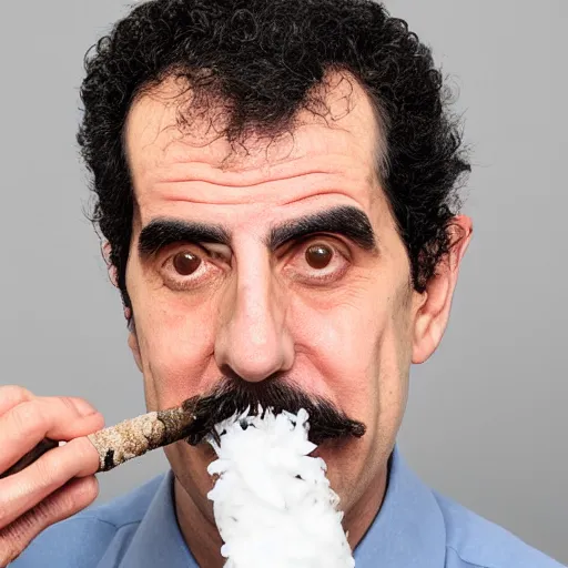 Image similar to A portrait of borat sagdiyev smoking a rolled marijuana joint, 8k, professional photography