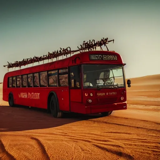 Prompt: photo of a red bus in desert, mad max fury road style, dynamic, fast moving