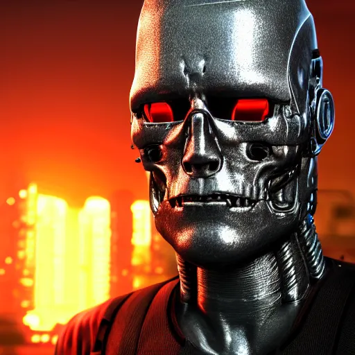 Image similar to highly detailed portrait of a terminator with borg enhancements, 8k. There is a dystopian city in the background. Rendered with unreal 5 engine with ray tracing and tessellation