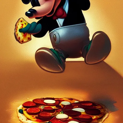 Prompt: portrait of Mickey mouse opening his mouth to eat pizza, highly detailed, digital painting, artstation, concept art, sharp focus, illustration, art by artgerm and greg rutkowski and alphonse mucha