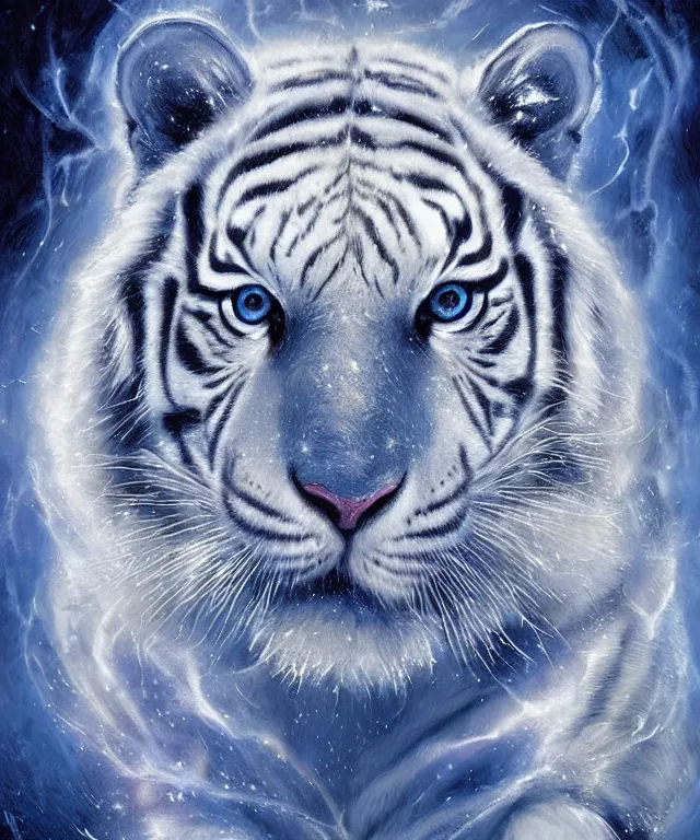 Image similar to a ultradetailed painting of a white tiger made of intricate ice crystals, surrounded with blue flames, volumetric lighting, crystalline, snowflakes, ornate, Greg rutkowski, Karol Bak.