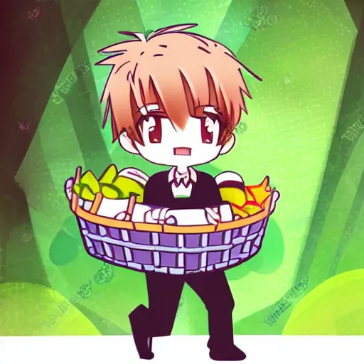 Image similar to a cute anime style boy holding basket on his shoulder, full body ,chibi ,kawaii, hyperreal