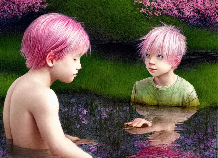 Image similar to pink haired boy backlit staring at black haired boy from across a pond, by alan lee, muted colors, springtime, colorful flowers & foliage in full bloom, sunlight filtering through trees & skin, digital art, art station cfg _ scale 9