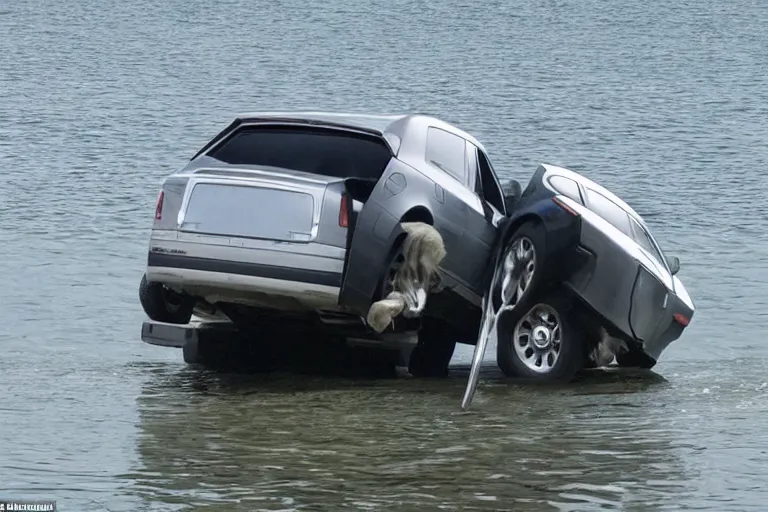 Image similar to Teenagers push Rolls-Royce into lake with their hands from a small slide wanting to drown him