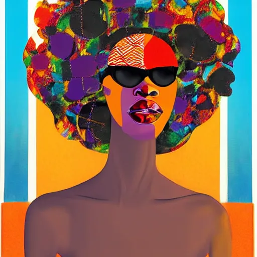 Prompt: the abstract painting of an image of afro lady artistic flat illustration by larry klewchuk, surrealism