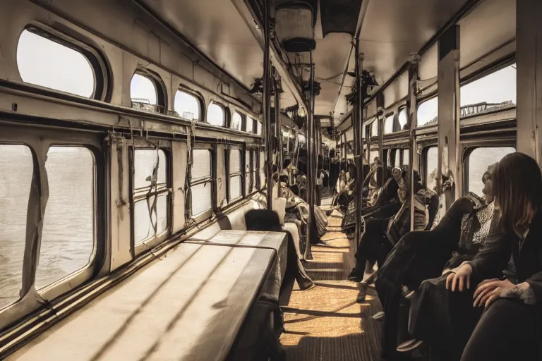 Prompt: Inside the train, some people are sitting, the train is sailing on the water, the windows are fluttering with transparent gauze curtains, the sun shines in, fog and swans over the river, indoor scene, cinematic, 8k, masterpiece, light effect, ue5, photoshop