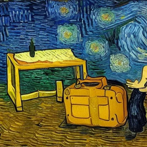 Prompt: person packing luggage for a trip, painting by Van Gogh