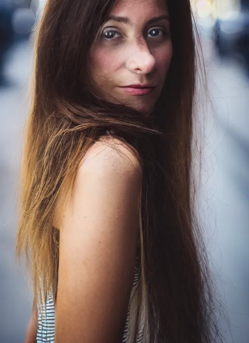 Prompt: color Close-up portrait of a beautiful, stylish, 30-year-old French woman street background, with long, straight hair, street portrait in the style of annie leibovitz award winning, Sony a7R