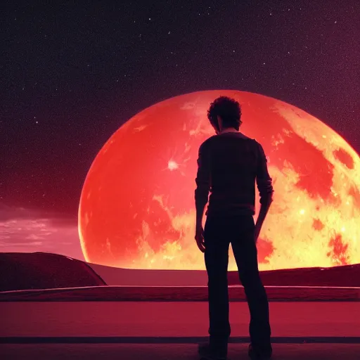 Prompt: gustavo cerati looking at the red moon in the universe, universe, stars, digital art, render unreal engine, octane render, highly detailed face, asymmetrical