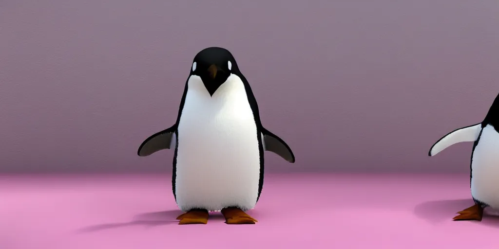 Image similar to realistic penguin sitting in an pink fluffy bed waving, unreal 5