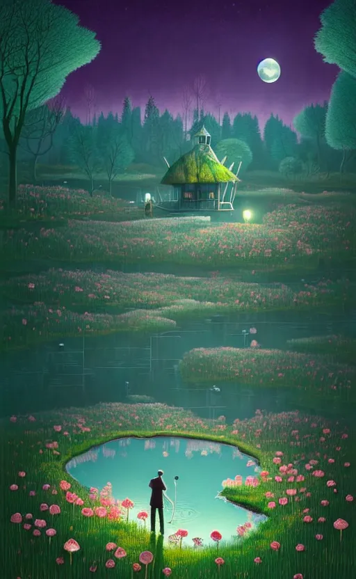 Prompt: gediminas pranckevicius, a pond in the forest, moonlight, wild rose, flower garden, pavilion, hillock, summer city night, very coherent and colorful high contrast art by simon stalenhag james gilleard floralpunk screen printing woodblock, dark shadows, pastel color, hard lighting