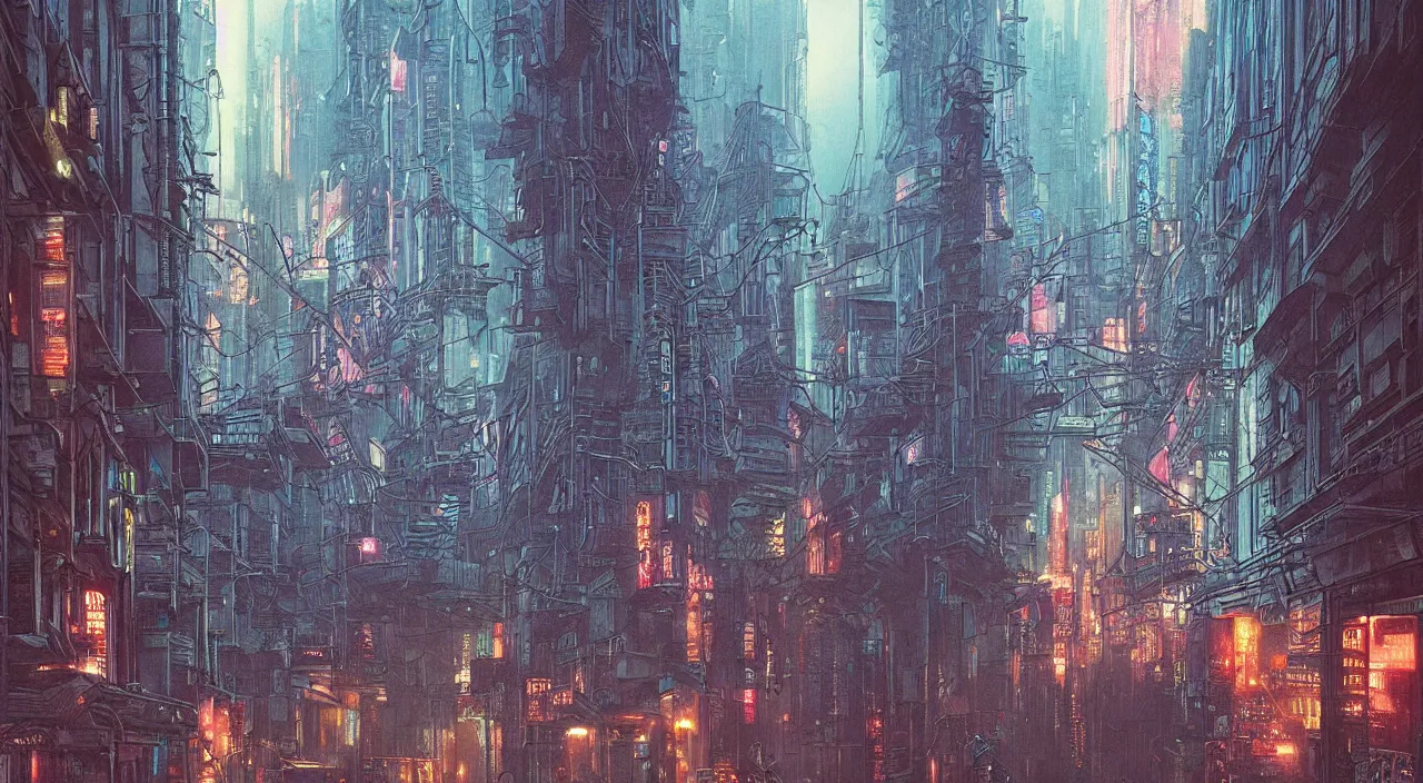 Prompt: cyberpunk city streets with renaissance architecture, cinematic night neon lighting, hyper detailed, hyper realistic, in the style of beksinski
