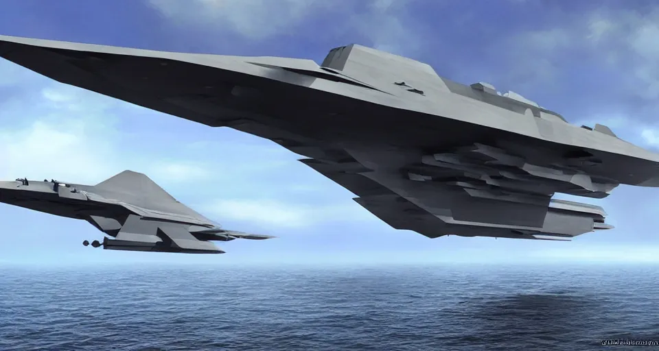 Image similar to an elaborate sci-fi stealth aircraft carrier design, modern, detailed, concept art, stealth, sleek, obsidian