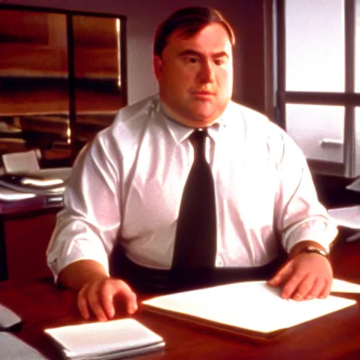 Image similar to clean - shaven chubby white man wearing a shirt and necktie sitting at a desk, 1 9 8 9 movie still, cinematography, cinematic lighting