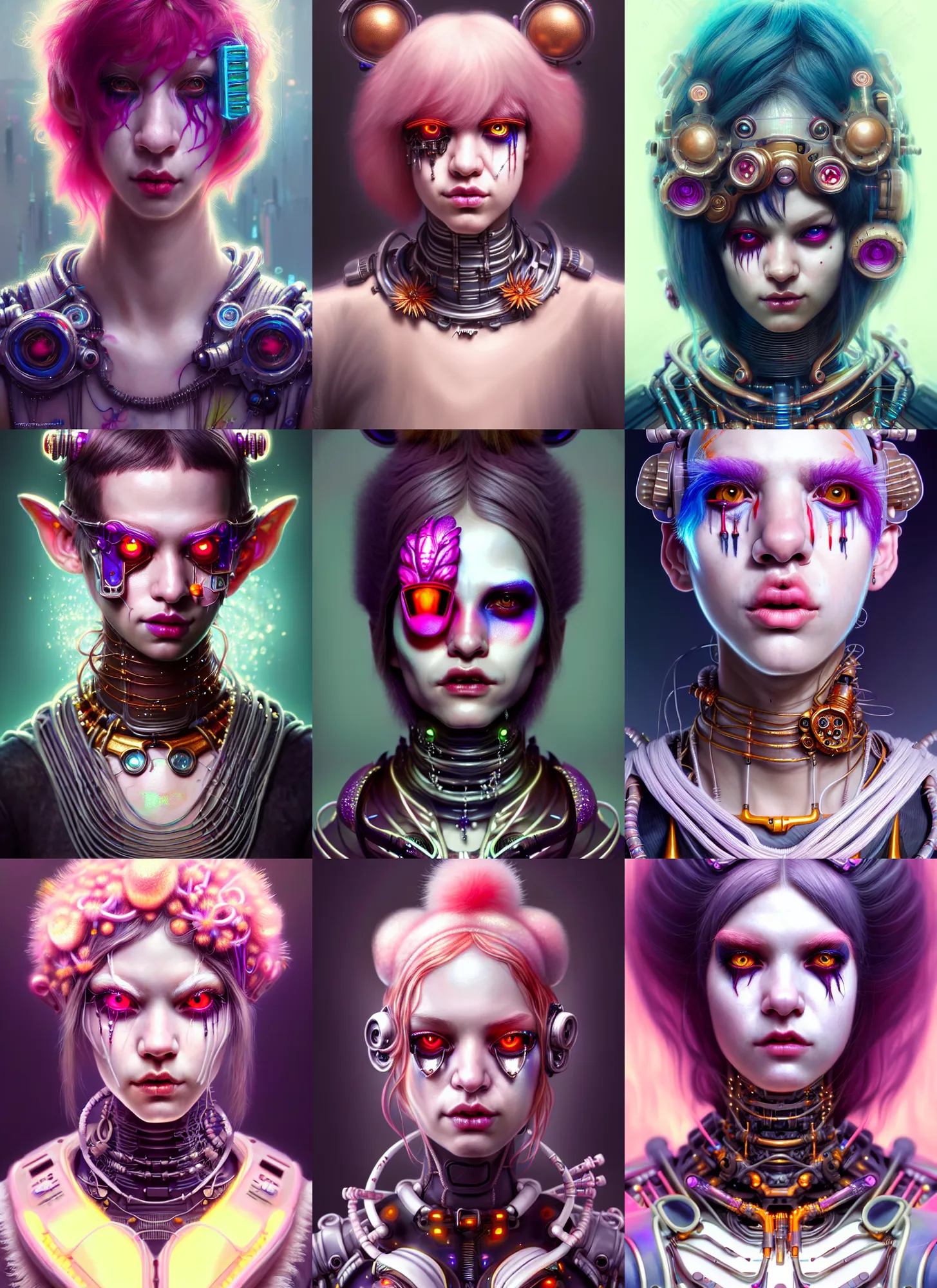 Prompt: disney weta portrait, soft lustrous biotech raver white emo clowncore twitch cyborg, floral bling, hi - fructose, sci - fi fantasy cyberpunk intricate decadent highly - detailed digital painting, octane render, artstation, concept art, smooth, sharp focus, illustration, art by artgerm, mucha, loish, wlop