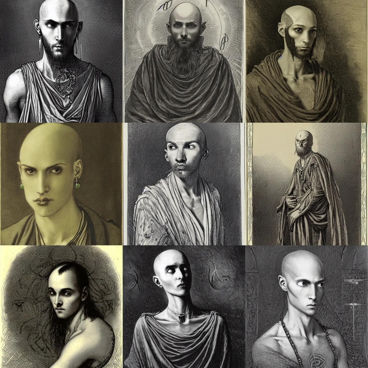 Prompt: portrait of a young thin bald male mage, sickly with pallid skin, piercings, wearing many runes and round jewellery, sigils and robes, art by gustave dore