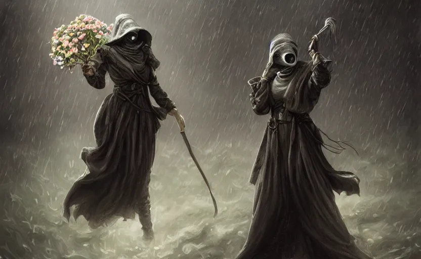 Image similar to female plague doctor holding flowers, heavy rain, wind, thunder, reflections, deep focus, d & d, fantasy, intricate, elegant, highly detailed, digital painting, artstation, concept art, matte, sharp focus, illustration, hearthstone, art by artgerm and greg rutkowski and alphonse mucha