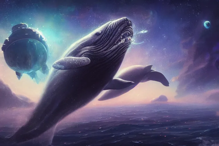 Prompt: a giant whale floating in outer - space, galaxies, stars, planets, star dust, ultra detailed, realistic, octane render, jesper ejsing, james jean, justin gerard, tomasz alen kopera, cgsociety, fenghua zhong, makoto shinkai, highly detailed, rim light, art, cinematic lighting, very coherent, 8 k
