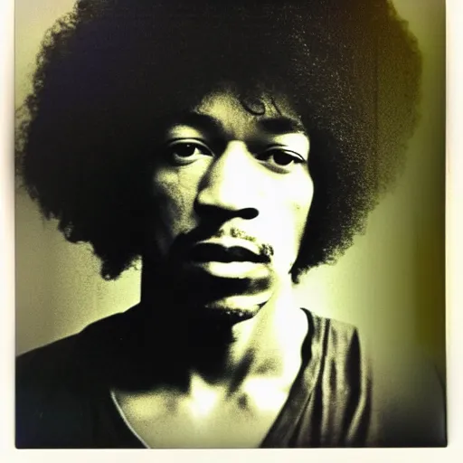 Prompt: Mugshot Portrait of Jimi Hendrix, taken in the 1970s, photo taken on a 1970s polaroid camera, grainy, real life, hyperrealistic, ultra realistic, realistic, highly detailed, epic, HD quality, 8k resolution, body and headshot, film still, front facing, front view, headshot and bodyshot, detailed face, very detailed face