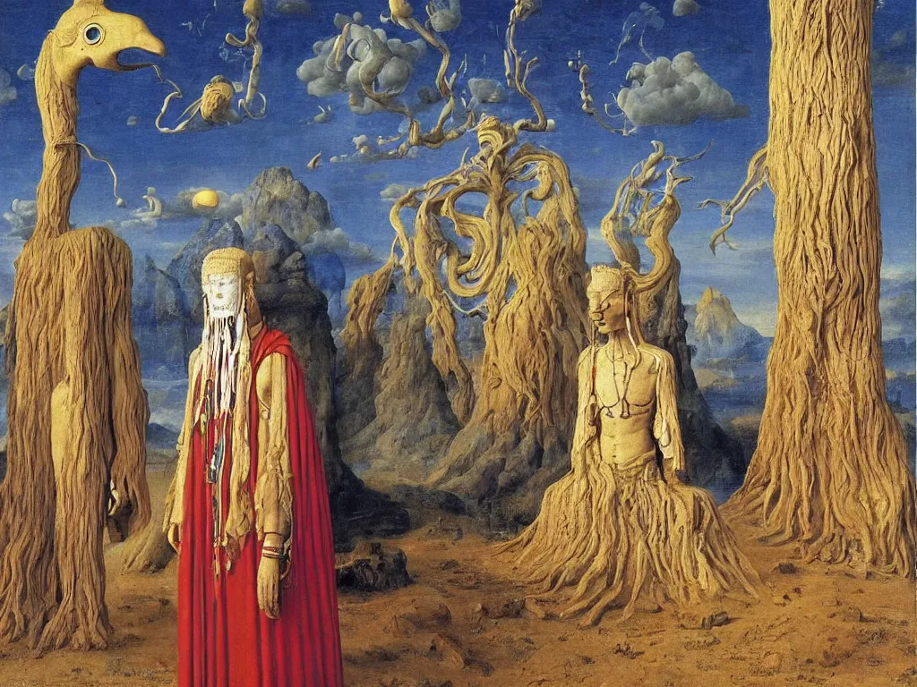 Prompt: Albino mystic with his back turned, looking in the distance at giant totemic archaic sculpture mask Tibetan temple made from Lapis Lazuli. Painting by Jan van Eyck, Audubon, Caspar David Friedrich, Rene Magritte, Agnes Pelton, Max Ernst, Walton Ford