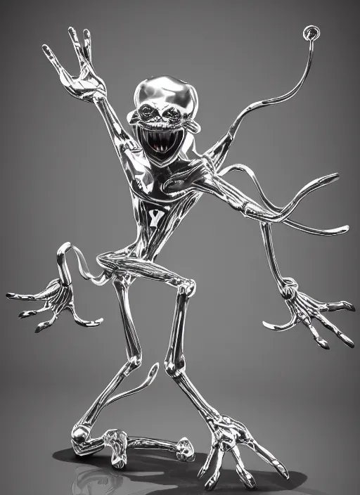 Image similar to stylized shiny polished silver statue full body extra limbs bizarre cosmic horror demonic demon made of marble of disney character mickey mouse, perfect symmetrical body, perfect symmetrical face, hyper realistic, hyper detailed, by johannen voss, by michelangelo, octane render, blender, 8 k, displayed in pure white studio room