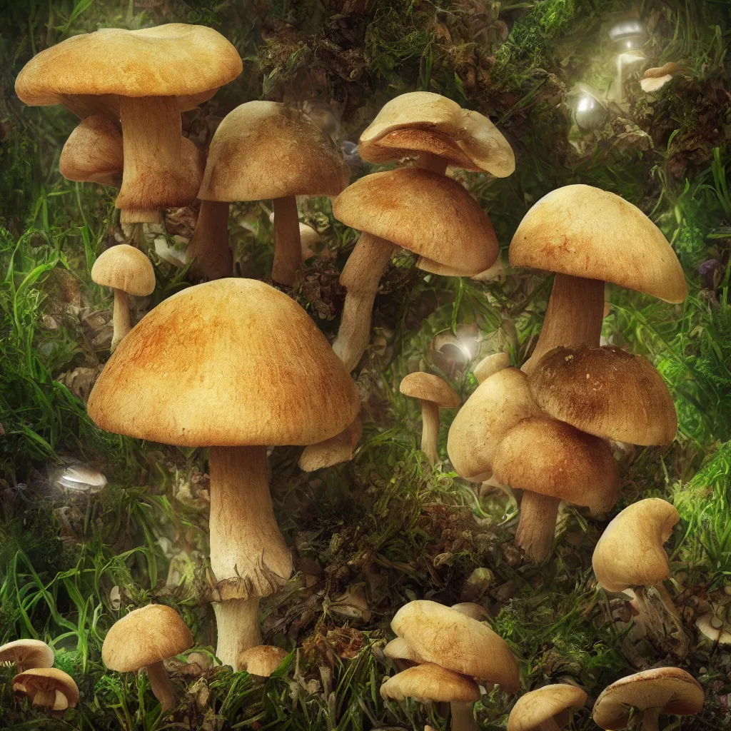 Image similar to 5 cm macro photo of mushroom growing in a spheroid forest, 3d render, nightlight Study, by Jan Davidsz de Heem and Lisa Frank, Art Nouveau, 8k, extreme detail, sharp focus, cinema 4d render