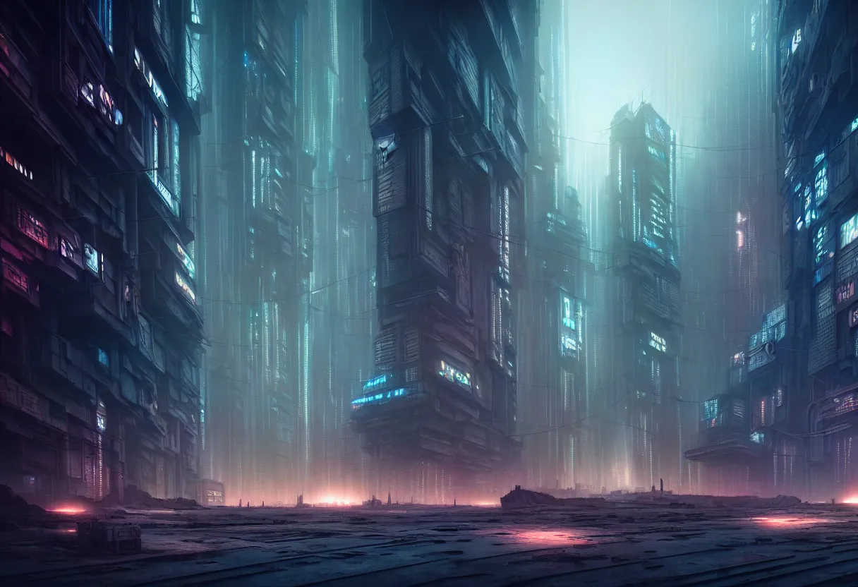 Image similar to inside of dystopian cyberpunk future cityscape of human mind and imagination, matte painting, beautiful render, octane render, concept art