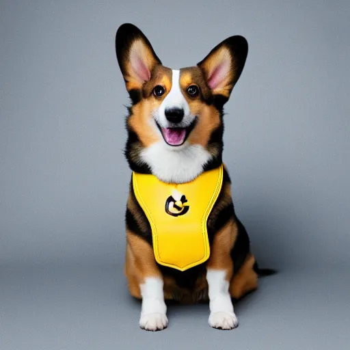 Image similar to a corgi looking at the camera, sitting on a yellow platform, wearing an elegant gucci leather vest, studio lighting, yellow background, 4K HD photography, 85mm