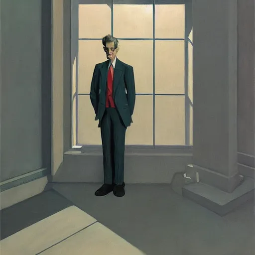 Image similar to Portrait of Dr. Who wearing a business suit , very coherent, painted by Edward Hopper, Wayne Barlowe, painted by James Gilleard, airbrush, art by JamesJean