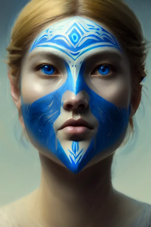 Image similar to ultra detailed facial portrait of beautiful nordic woman, blue eyes, wearing a tribal mask, extremely detailed digital painting, in the style of fenghua zhong and ruan jia and jeremy lipking and peter mohrbacher, mystical colors, rim light, beautiful lighting, 8 k, stunning scene, raytracing, octane, trending on artstation