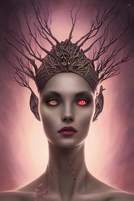 Prompt: portrait of an elegant alien tree woman queen, straight on portrait, by artgerm, tom bagshaw, gerald brom, vaporwave colors, lo - fi colors, vaporwave, lo - fi, moody vibe, goth vibe, 4 k, hd,