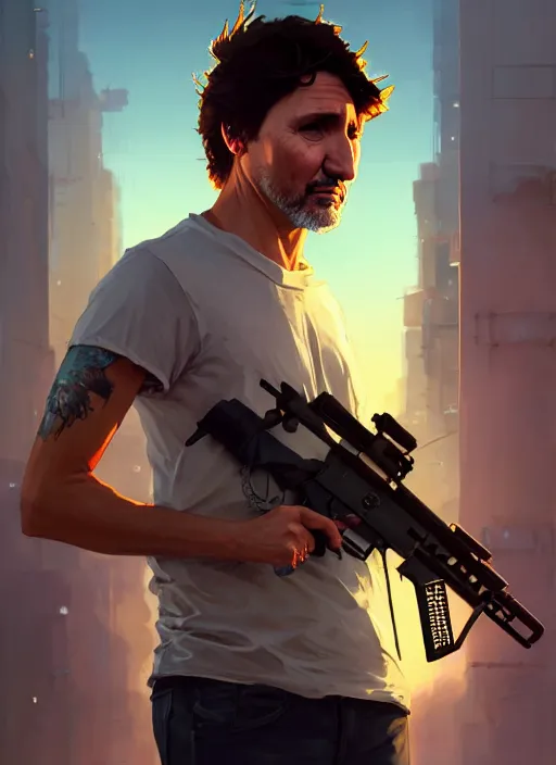 Image similar to highly detailed portrait justin trudeau in street gang attire holding ar - 1 5! in gta v stephen bliss unreal engine fantasy art by greg rutkowski loish rhads ferdinand knab makoto shinkai lois van baarle ilya kuvshinov rossdraws tom bagshaw global illumination radiant light detailed intricate environment