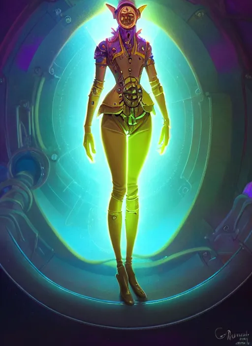 Image similar to a steampunk faceless glowing liquefied stardust adventurer, dnd fantasy character, full body portrait, glowing neon skin, magical aura, ultra realistic, intricate, elegant, highly detailed, digital painting, artstation, smooth, sharp, focus, illustration, art by artgerm and greg rutkowski and alphonse mucha and dan mumford, sacred geometry