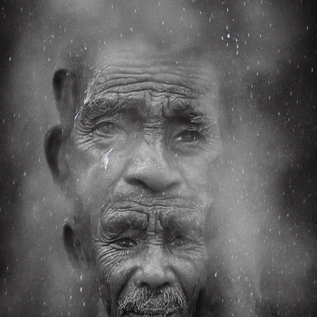 Image similar to Monochrome portrait of an intense old Nepali man on a rainy misty Kathmandu street at night, the only light source are bright overhead street lights, close-up, motion blur, grainy Tri-x pushed to 3200, 24mm tilt-shift, water drops on the lens, holga